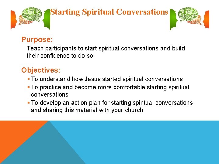 Starting Spiritual Conversations Purpose: Teach participants to start spiritual conversations and build their confidence