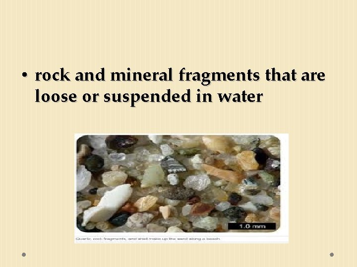  • rock and mineral fragments that are loose or suspended in water 