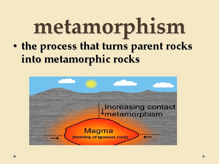 metamorphism • the process that turns parent rocks into metamorphic rocks 