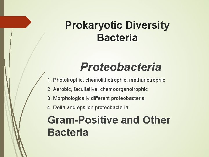 Prokaryotic Diversity Bacteria Proteobacteria 1. Phototrophic, chemolithotrophic, methanotrophic 2. Aerobic, facultative, chemoorganotrophic 3. Morphologically