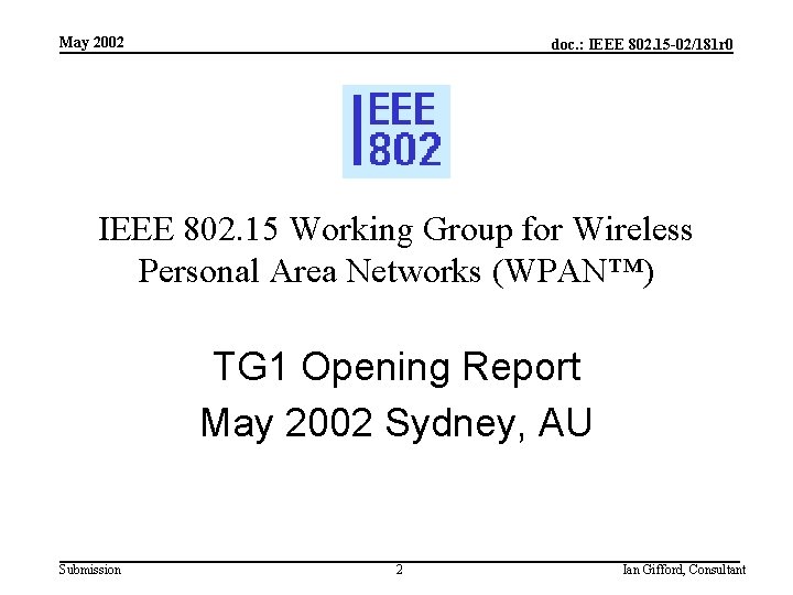 May 2002 doc. : IEEE 802. 15 -02/181 r 0 IEEE 802. 15 Working