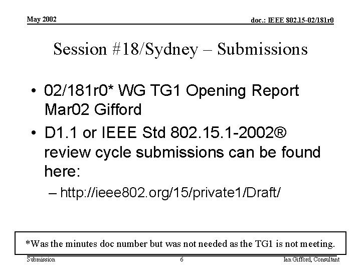 May 2002 doc. : IEEE 802. 15 -02/181 r 0 Session #18/Sydney – Submissions