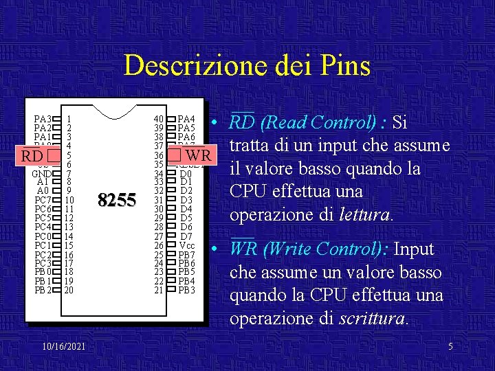 Descrizione dei Pins PA 3 PA 2 PA 1 PA 0 RD CS GND