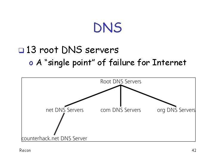 DNS q 13 root DNS servers o A “single point” of failure for Internet