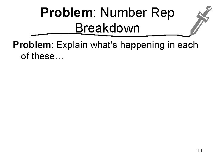 Problem: Number Rep Breakdown Problem: Explain what’s happening in each of these… 14 