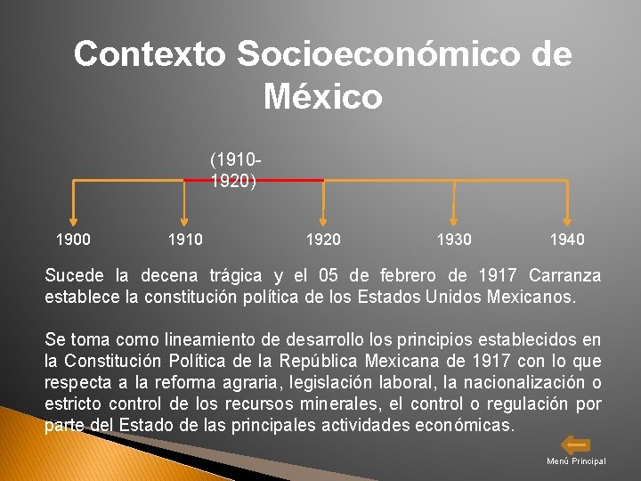 Contexto Socioeconómico de México (19101920) 1900 1910 1920 1930 1940 Sucede la decena trágica