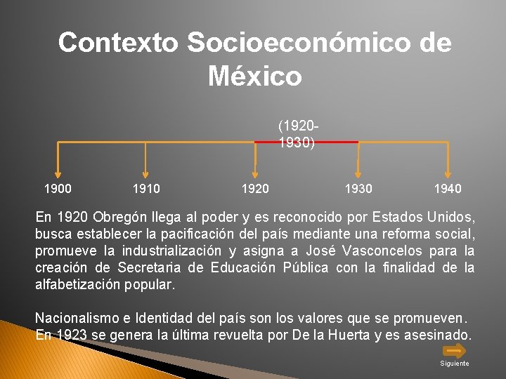 Contexto Socioeconómico de México (19201930) 1900 1910 1920 1930 1940 En 1920 Obregón llega