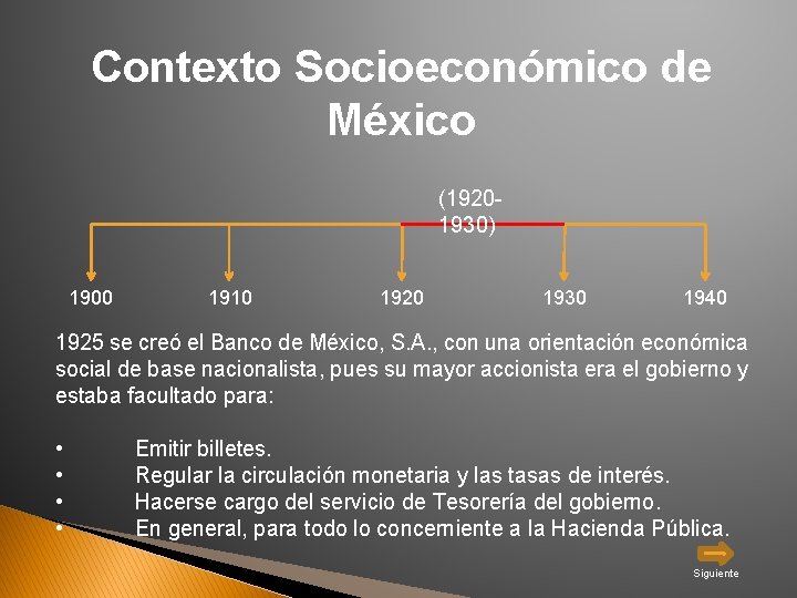 Contexto Socioeconómico de México (19201930) 1900 1910 1920 1930 1940 1925 se creó el