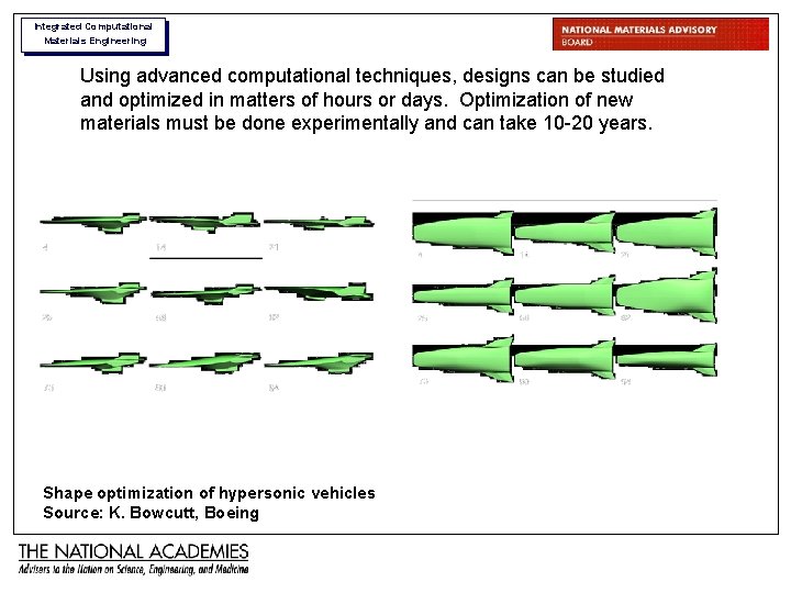 Integrated Computational Materials Engineering Using advanced computational techniques, designs can be studied and optimized