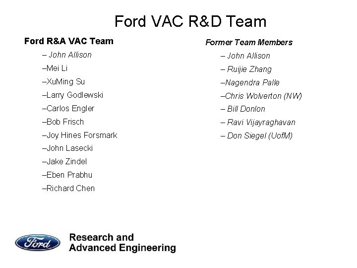 Ford VAC R&D Team Ford R&A VAC Team Former Team Members – John Allison