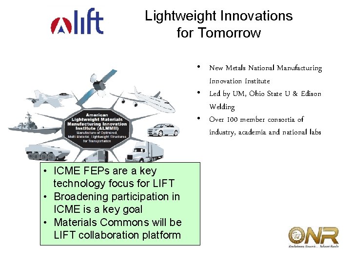 Lightweight Innovations for Tomorrow • New Metals National Manufacturing Innovation Institute • Led by