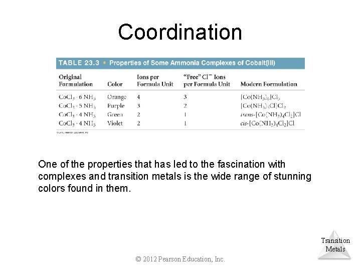 Coordination One of the properties that has led to the fascination with complexes and