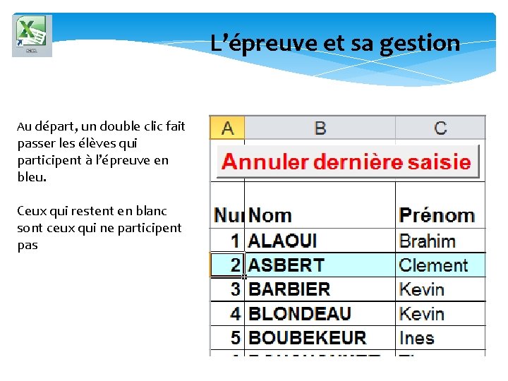 L’épreuve et sa gestion Au départ, un double clic fait passer les élèves qui