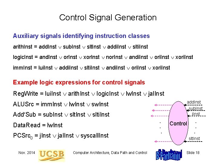 Control Signal Generation Auxiliary signals identifying instruction classes arith. Inst = add. Inst sub.
