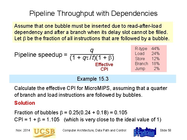 Pipeline Throughput with Dependencies Assume that one bubble must be inserted due to read-after-load