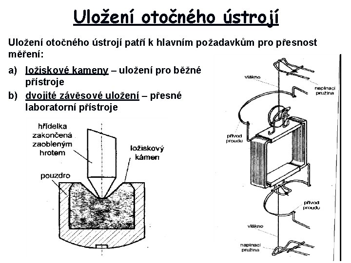 Uložení otočného ústrojí patří k hlavním požadavkům pro přesnost měření: a) ložiskové kameny –