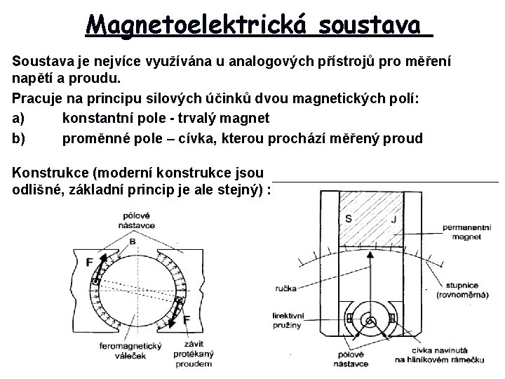 Magnetoelektrická soustava Soustava je nejvíce využívána u analogových přístrojů pro měření napětí a proudu.