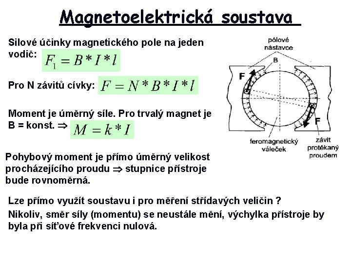 Magnetoelektrická soustava Silové účinky magnetického pole na jeden vodič: Pro N závitů cívky: Moment