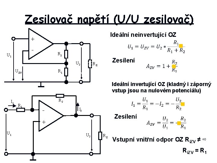 Zesilovač napětí (U/U zesilovač) Ideální neinvertující OZ + n - U 1 R 2