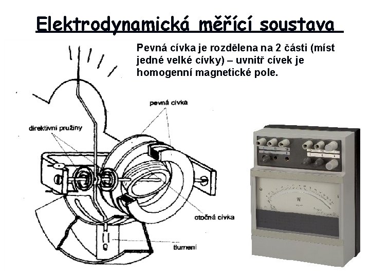 Elektrodynamická měřící soustava Pevná cívka je rozdělena na 2 části (míst jedné velké cívky)