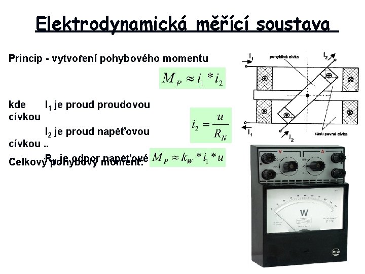 Elektrodynamická měřící soustava Princip - vytvoření pohybového momentu kde I 1 je proudovou cívkou