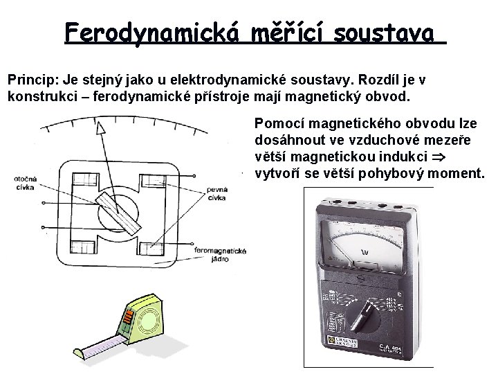 Ferodynamická měřící soustava Princip: Je stejný jako u elektrodynamické soustavy. Rozdíl je v konstrukci
