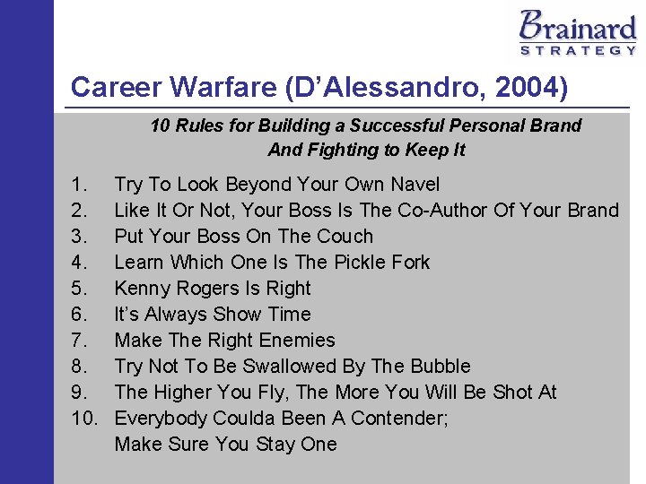 Career Warfare (D’Alessandro, 2004) 10 Rules for Building a Successful Personal Brand And Fighting