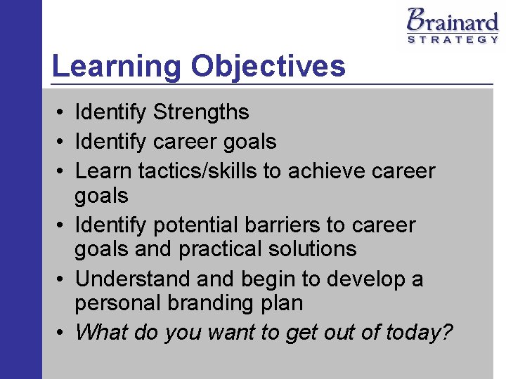 Learning Objectives • Identify Strengths • Identify career goals • Learn tactics/skills to achieve