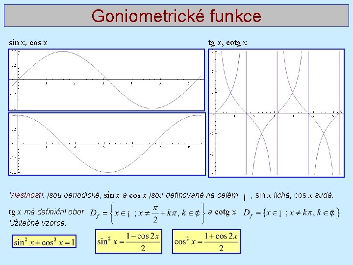 Goniometrické funkce sin x, cos x tg x, cotg x Vlastnosti: jsou periodické, sin