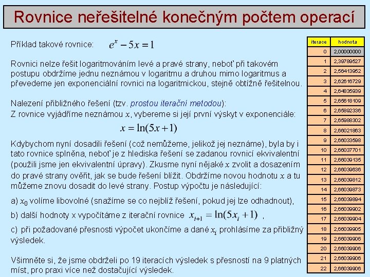 Rovnice neřešitelné konečným počtem operací iterace Příklad takové rovnice: Rovnici nelze řešit logaritmováním levé