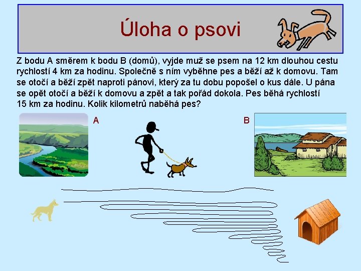 Úloha o psovi Z bodu A směrem k bodu B (domů), vyjde muž se