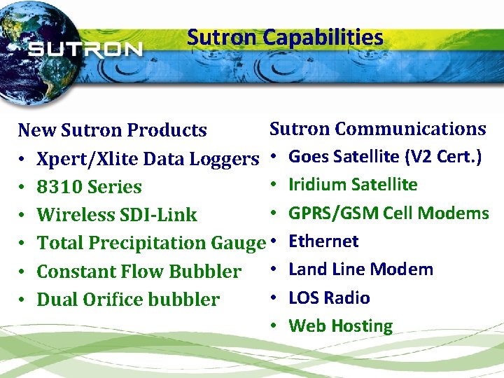 Sutron Capabilities Sutron Communications New Sutron Products • Xpert/Xlite Data Loggers • Goes Satellite