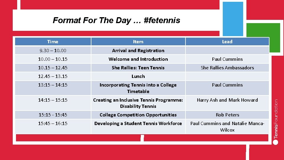 Format For The Day … #fetennis Time Item Lead 9. 30 – 10. 00