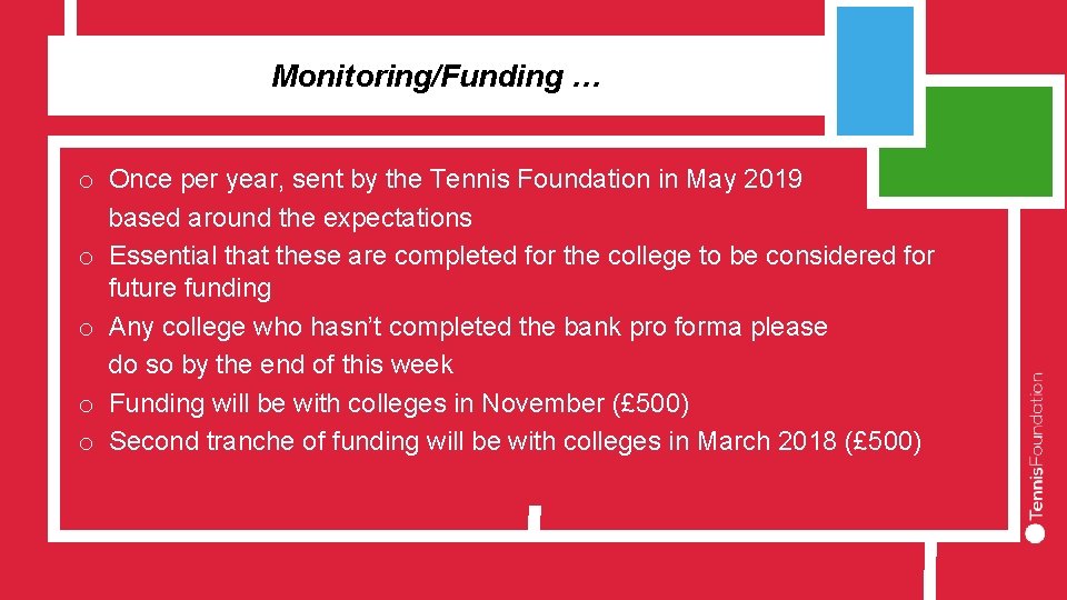 Monitoring/Funding … o Once per year, sent by the Tennis Foundation in May 2019