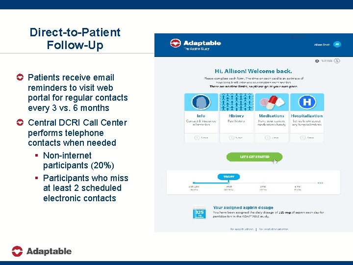 Direct-to-Patient Follow-Up Patients receive email reminders to visit web portal for regular contacts every