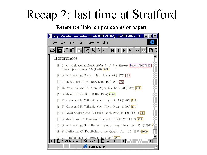 Recap 2: last time at Stratford Reference links on pdf copies of papers 