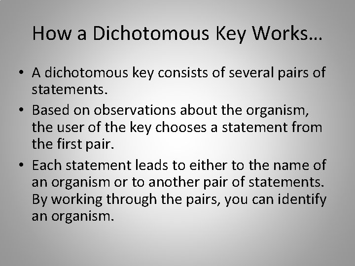 How a Dichotomous Key Works… • A dichotomous key consists of several pairs of