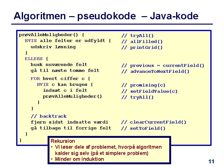 Algoritmen – pseudokode – Java-kode prøv. Alle. Muligheder() { HVIS alle felter er udfyldt