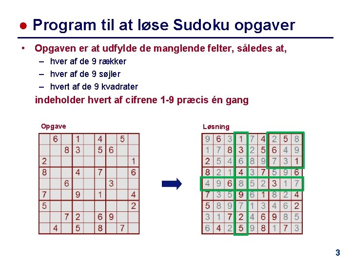 ● Program til at løse Sudoku opgaver • Opgaven er at udfylde de manglende