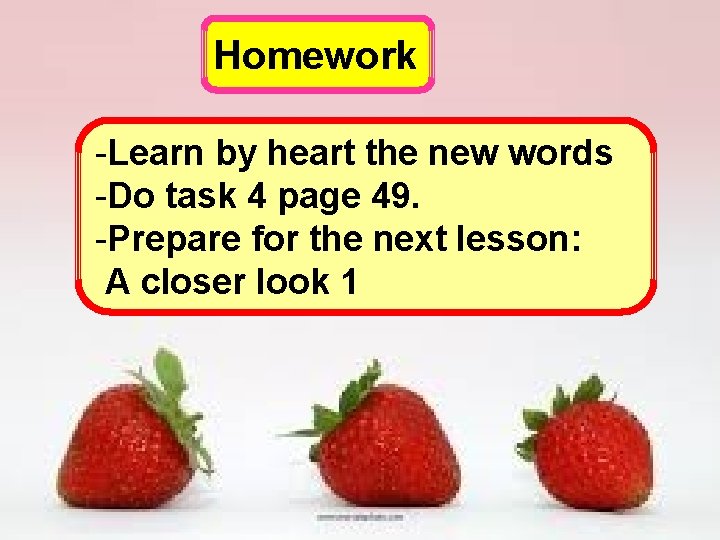 Homework -Learn by heart the new words -Do task 4 page 49. -Prepare for