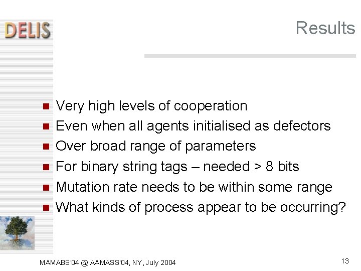 Results Very high levels of cooperation Even when all agents initialised as defectors Over Results Very high levels of cooperation Even when all agents initialised as defectors Over