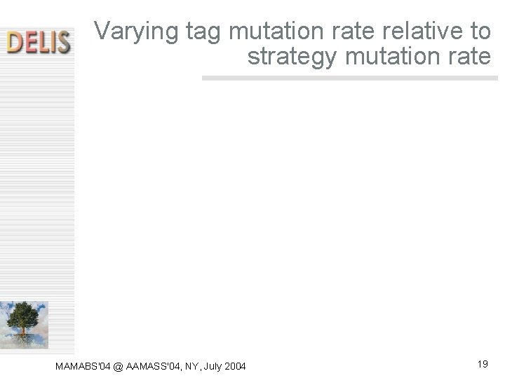 Varying tag mutation rate relative to strategy mutation rate MAMABS'04 @ AAMASS'04, NY, July Varying tag mutation rate relative to strategy mutation rate MAMABS'04 @ AAMASS'04, NY, July