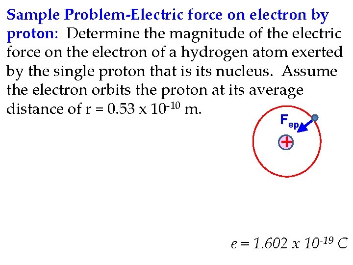 Sample Problem-Electric force on electron by proton: Determine the magnitude of the electric force