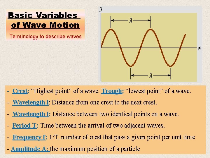 Basic Variables of Wave Motion Terminology to describe waves - Crest: “Highest point” of