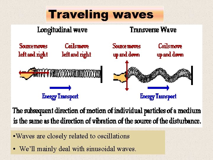 Traveling waves • Waves are closely related to oscillations • We’ll mainly deal with