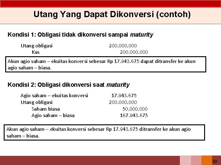 Utang Yang Dapat Dikonversi (contoh) Kondisi 1: Obligasi tidak dikonversi sampai maturity Utang obligasi