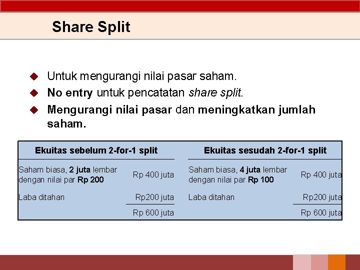 Share Split Untuk mengurangi nilai pasar saham. u No entry untuk pencatatan share split.