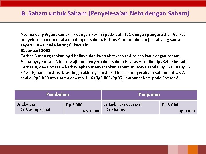 B. Saham untuk Saham (Penyelesaian Neto dengan Saham) Asumsi yang digunakan sama dengan asumsi