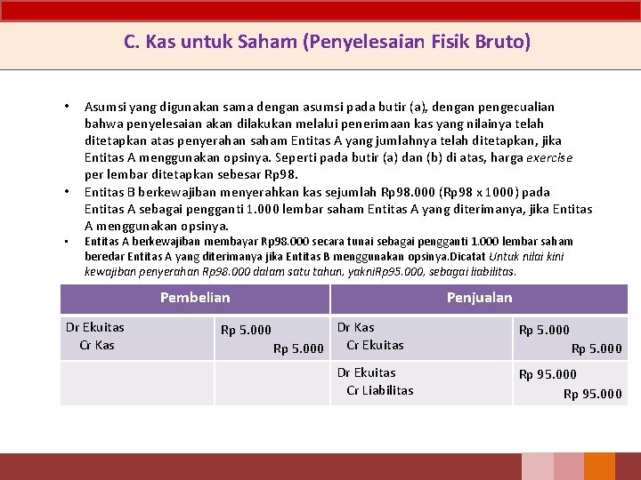 C. Kas untuk Saham (Penyelesaian Fisik Bruto) • • • Asumsi yang digunakan sama