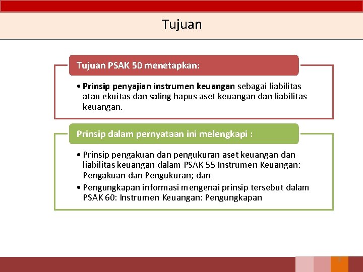 Tujuan PSAK 50 menetapkan: • Prinsip penyajian instrumen keuangan sebagai liabilitas atau ekuitas dan